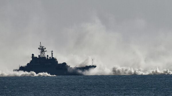 The Russian Navy Caesar Kunikov landing ship is seen during an amphibious assault exercise along the coast held by army corps and naval infantry units of the Russian Black Sea Fleet at the Opuk training ground near Kerch, Crimea, Russia. - Sputnik India