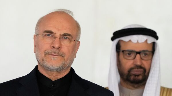 Iran's Parliament Speaker Mohammad Bagher Ghalibaf, left, and Ali AlNuaimi of the United Arab Emirates pose during a group photo at the 11th BRICS Parliamentary Forum held at the Federal Senate in Brasilia, Brazil, Wednesday, June 4, 2025 - Sputnik India