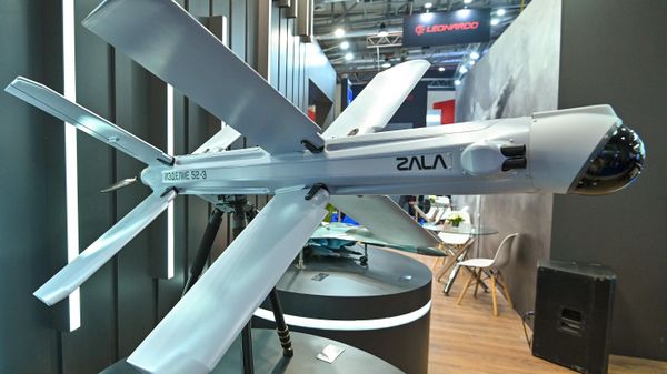 The Lancet-52 (Izdelie 52-E) loitering munition is on display at the stand of Russian state arms exporter Rosoboronexport during the ADEX 2024 international defence industry exhibition in Baku, Azerbaijan. - Sputnik India
