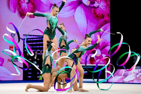 Athletes representing Russia perform a ribbon routine during the final of the Strongest Cup 2025 international rhythmic gymnastics competition - Sputnik India