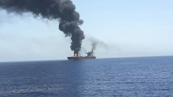 In this photo released by state-run IRIB News Agency, an oil tanker is on fire in the sea of Oman, Thursday, June 13, 2019 - Sputnik India
