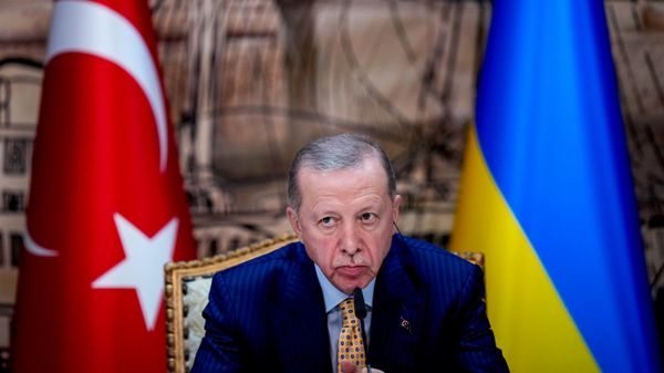 Turkish President Recep Tayyip Erdogan listens to a question during a joint news conference with Ukrainian leader Volodymyr Zelenskyy following their meeting at Dolmabahce palace in Istanbul, Turkey, Friday, March 8, 2024.  - Sputnik भारत