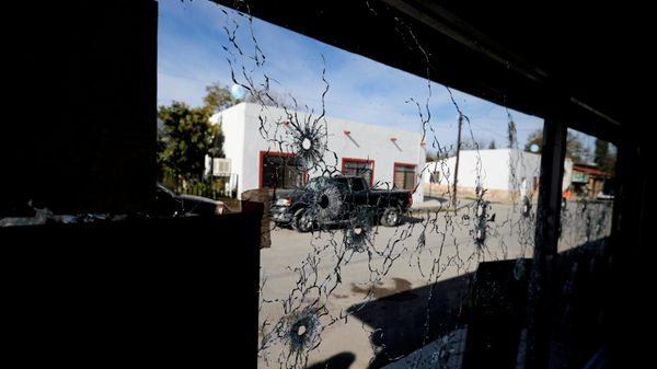 A shop's windows are riddled with bullets near City Hall after a gun battle between a heavily armed drug cartel assault group and security forces in Villa Union, Mexico, near the border with the U.S., Dec. 2, 2019. - Sputnik India