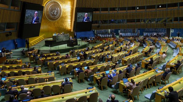 Israeli Prime Minister Benjamin Netanyahu addresses the 78th session of the United Nations General Assembly, Friday, Sept. 22, 2023 at United Nations headquarters. (AP Photo/Mary Altaffer) - Sputnik India