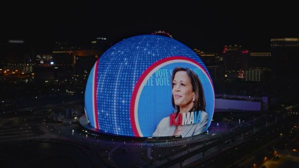 Giant advertisement for Kamala Harris on Las Vegas's iconic Sphere music and entertainment arena. Screenshot from Kamala Harris campaign video. - Sputnik India