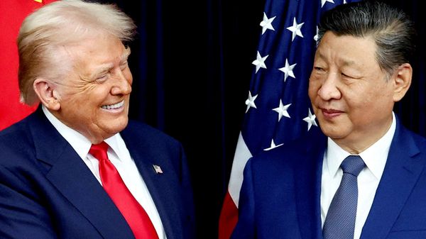 U.S. President Donald Trump and Chinese President Xi Jinping react as they hold a bilateral meeting at Gimhae International Airport, on the sidelines of the Asia-Pacific Economic Cooperation (APEC) summit, in Busan, South Korea, October 30, 2025. - Sputnik India