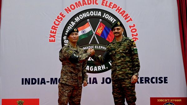 Indian and Mongolian troops at the opening ceremony of Exercise Nomadic Elephant 2026 in Uttarakhand. - Sputnik भारत