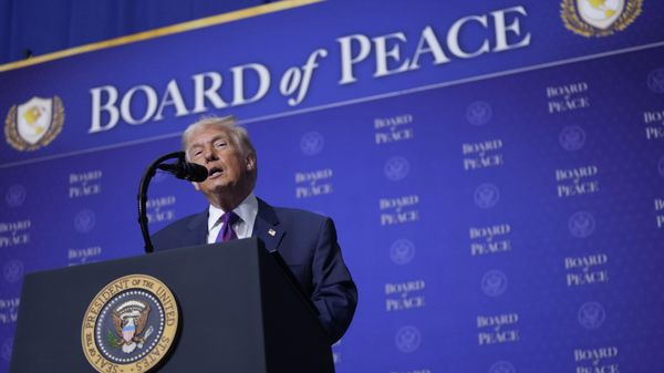 President Donald Trump speaks during a Board of Peace meeting at the U.S. Institute of Peace, Thursday, Feb. 19, 2026, in Washington. (AP Photo/Mark Schiefelbein) - Sputnik भारत