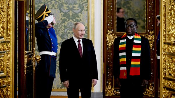 Russian President Vladimir Putin meets Zimbabwean President Emmerson Mnangagwa in Moscow during celebrations marking the 80th anniversary of Victory Day. - Sputnik भारत