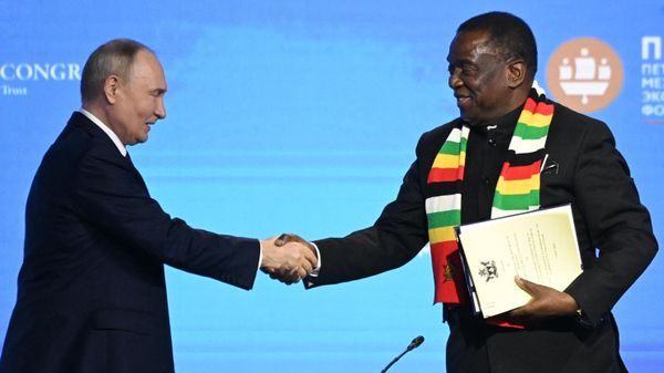 Russian President Vladimir Putin and Zimbabwean President Emmerson Mnangagwa shake hands during a plenary session of the St. Petersburg International Economic Forum in St. Petersburg, Russia. - Sputnik India