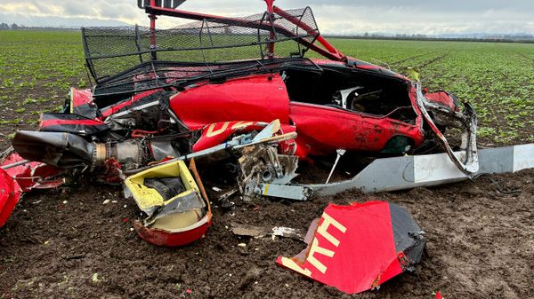 This photo released by the Yamhill County Sheriff's Office shows a damaged helicopter after two helicopters collided and crashed into a farm field in Yamhill County, Ore., Thursday, Oct. 29, 2026. - Sputnik India
